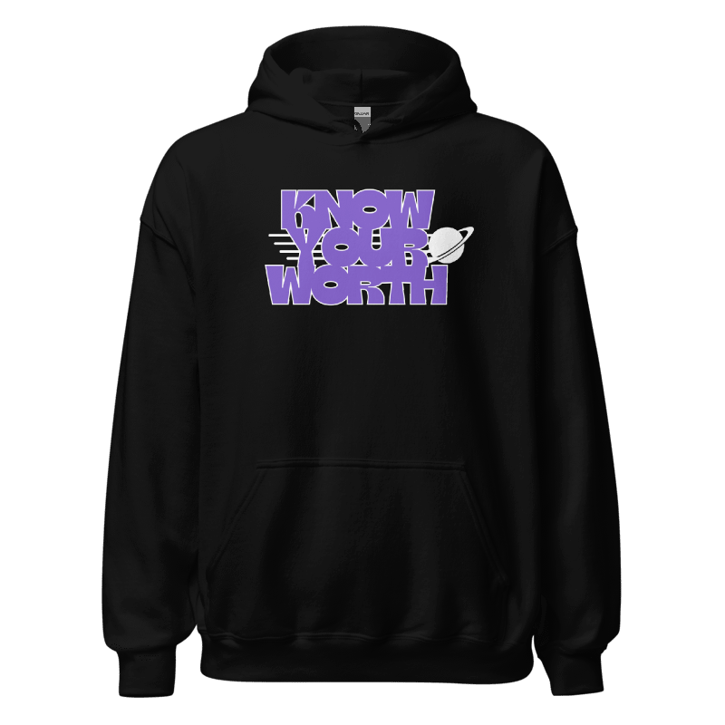 Black hoodie with purple text and logo on a white background
