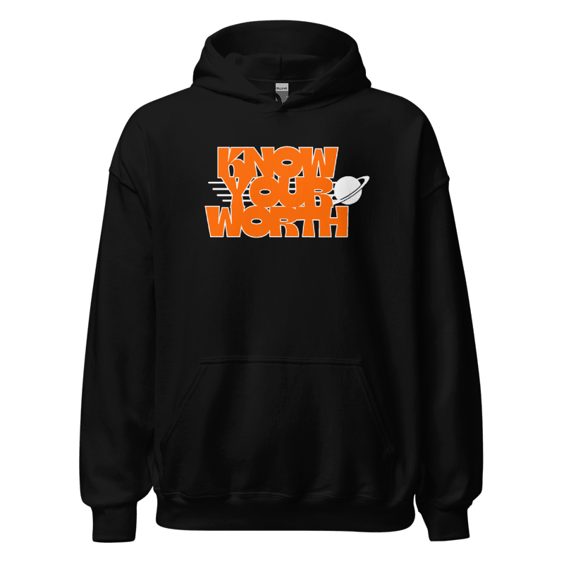 Black hoodie with orange text and logo on a white background